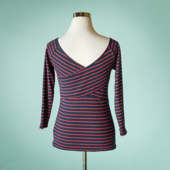 Anthro Deletta S Red Blue Striped Ribbed Top - Picture 7 of 12